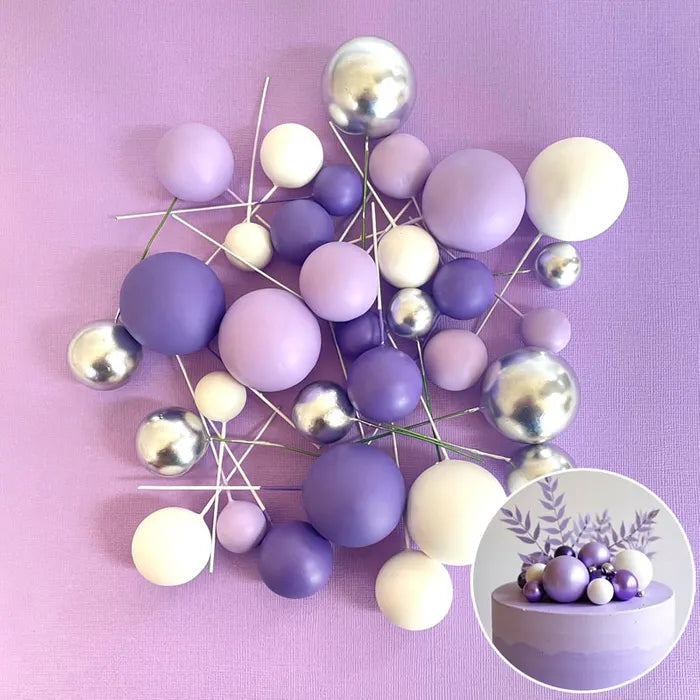 Foam Cake Ball Toppers 32pc - Silver, Purple and White