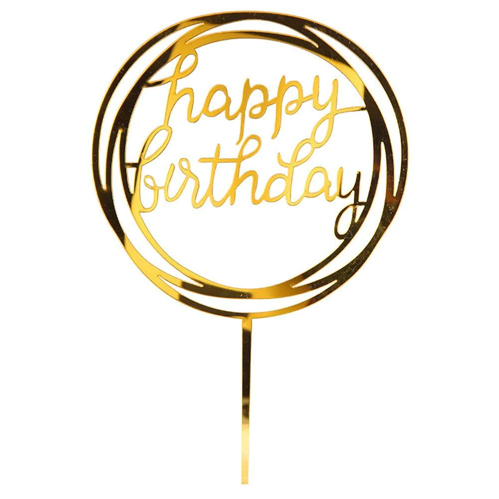 Happy Birthday Round Swirl Acrylic Cake Topper - Gold