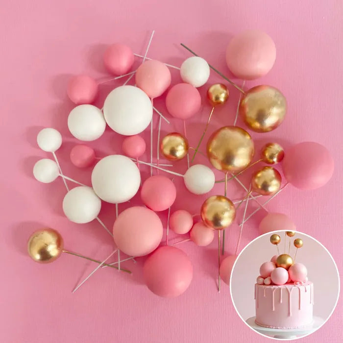 Foam Cake Ball Toppers 32pc - Gold, Pink and White