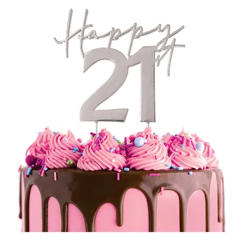 Happy 21st Metal Cake Topper - Silver