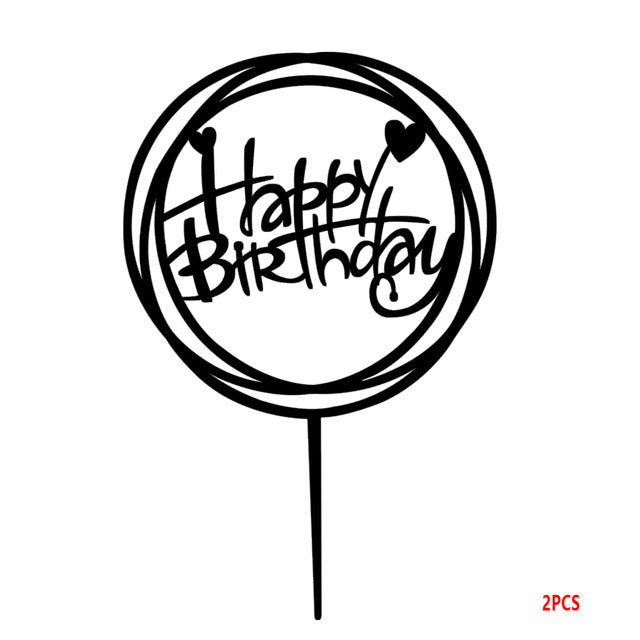Happy Birthday Round Swirl Acrylic Cake Topper - Black