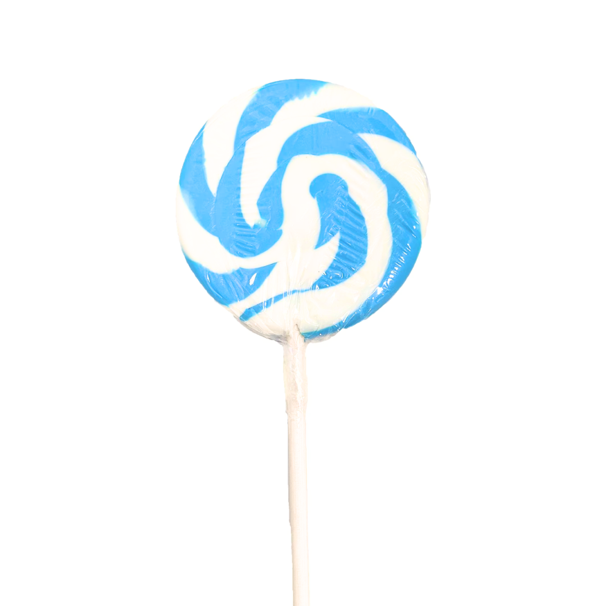 Blue and white swirled lollipop on a white background