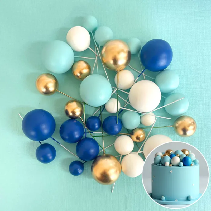 Foam Cake Ball Toppers 32pc - Gold, Blue and White