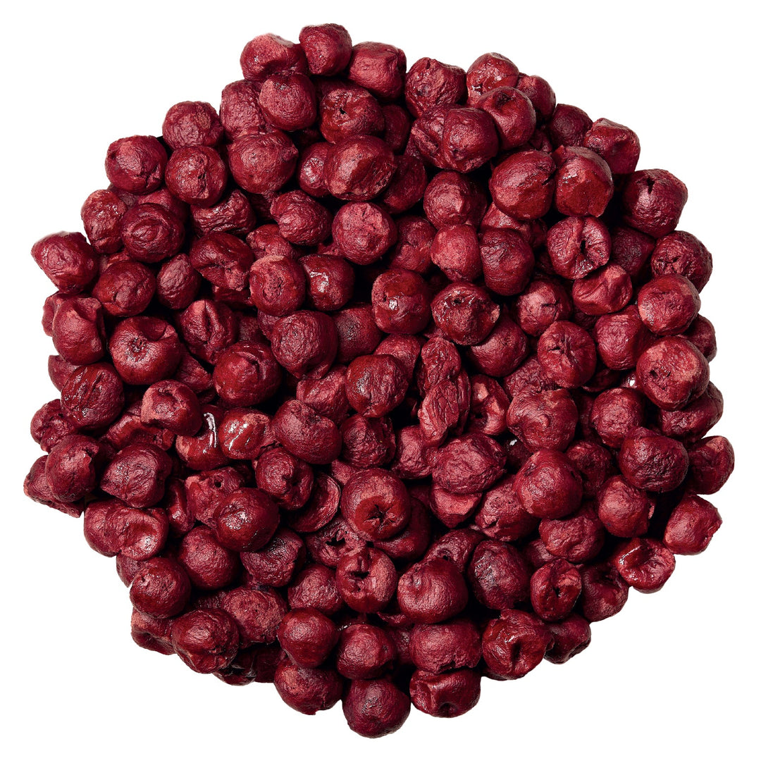 Fresh As Whole Cherries 35g, close up of crunchy tart freeze-dried cherries
