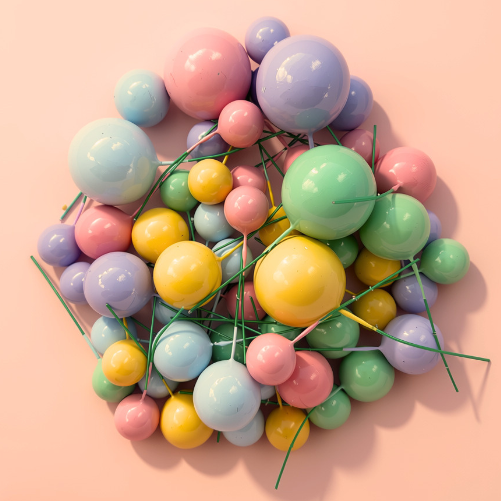 Foam Cake Ball Toppers 56pc Rainbow, shiny finish foam balls in 2cm, 3cm and 4cm sizes