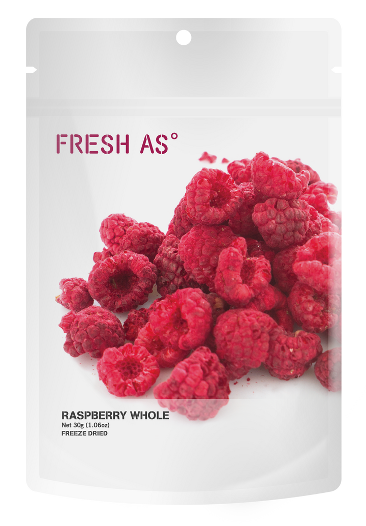 Fresh As Whole Raspberries 30g, resealable pouch packaging
