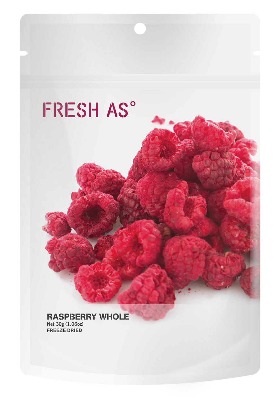 Fresh As Whole Raspberries 30g, resealable pouch packaging