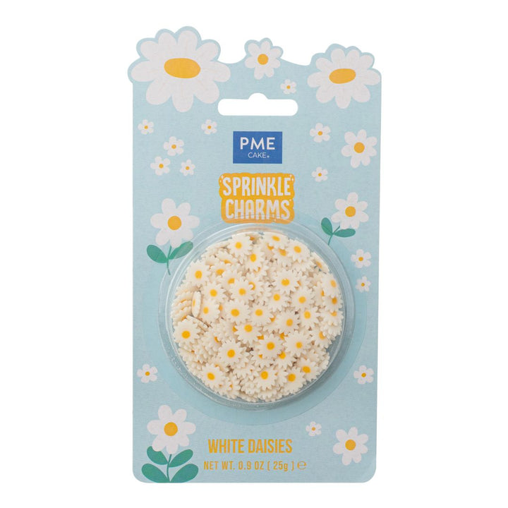 Packaging of PME Sprinkle Charms with white daisies on a light blue background