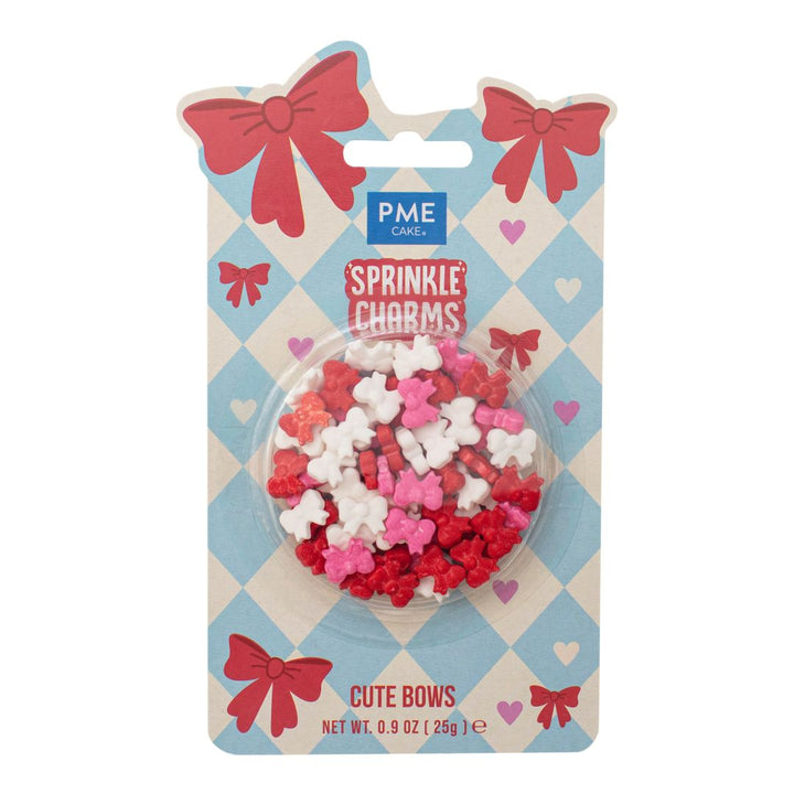 Packaging of PME Sprinkle Charms with red, white, and pink bows on a checkered background.