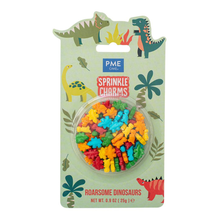 Packaged dinosaur-shaped sprinkles with PME branding on a white background