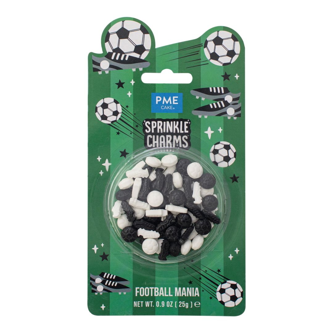 Packaged Sprinkle Charms football-themed candy on a green background
