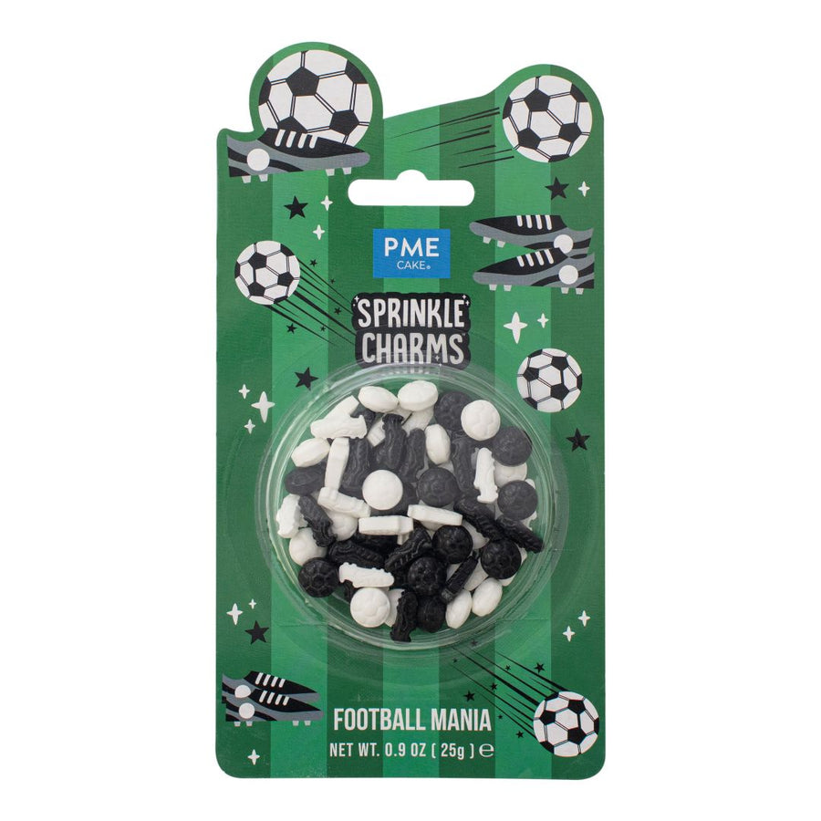 Packaged Sprinkle Charms football-themed candy on a green background
