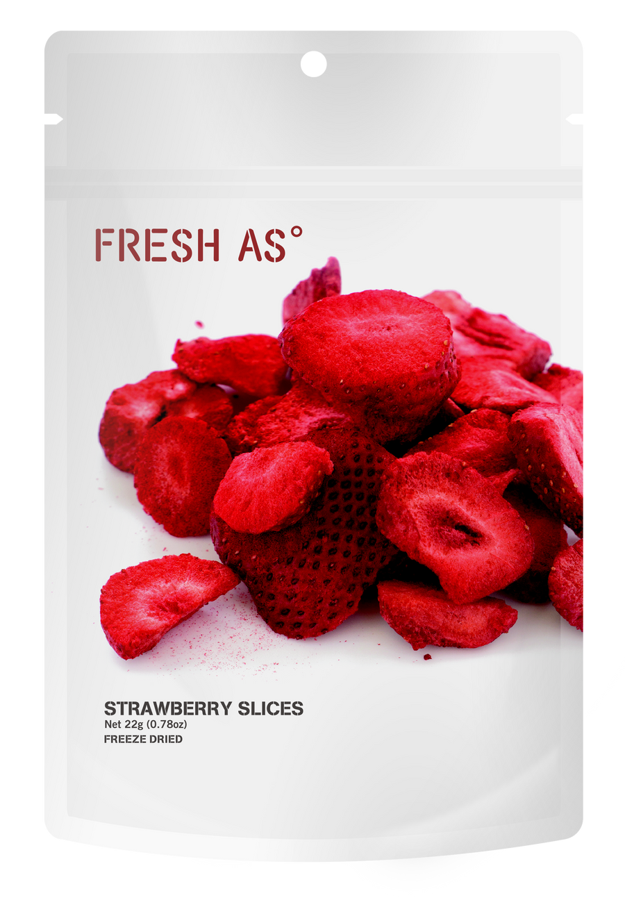 Fresh As Sliced Strawberries 22g, resealable pouch packaging