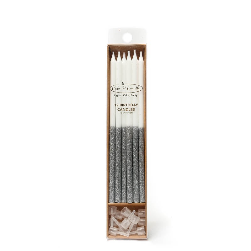 Cake & Candle Glitter Dipped Tall Candles - Silver