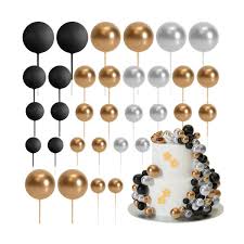 Foam Cake Ball Toppers 32pc - Black, Gold and Silver
