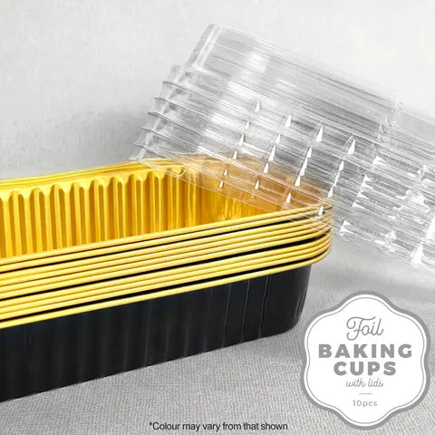 Foil Rectangle Baking Cups with Lids - Gold/Black 10pk