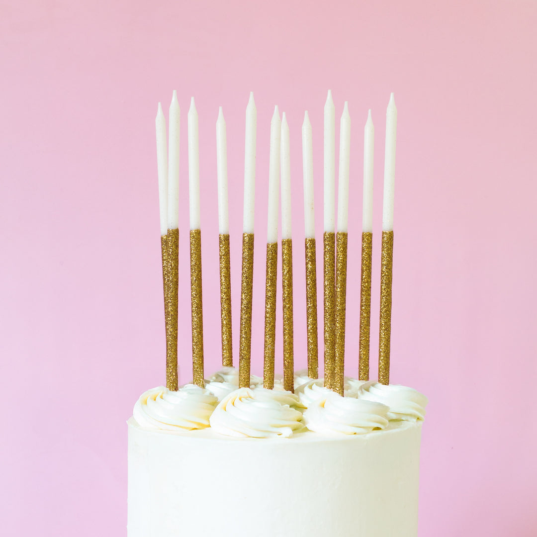 Cake & Candle Glitter Dipped Tall Candles - Gold