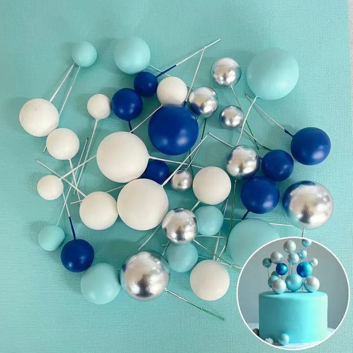 Foam Cake Ball Toppers 32pc - Silver, Blue and White