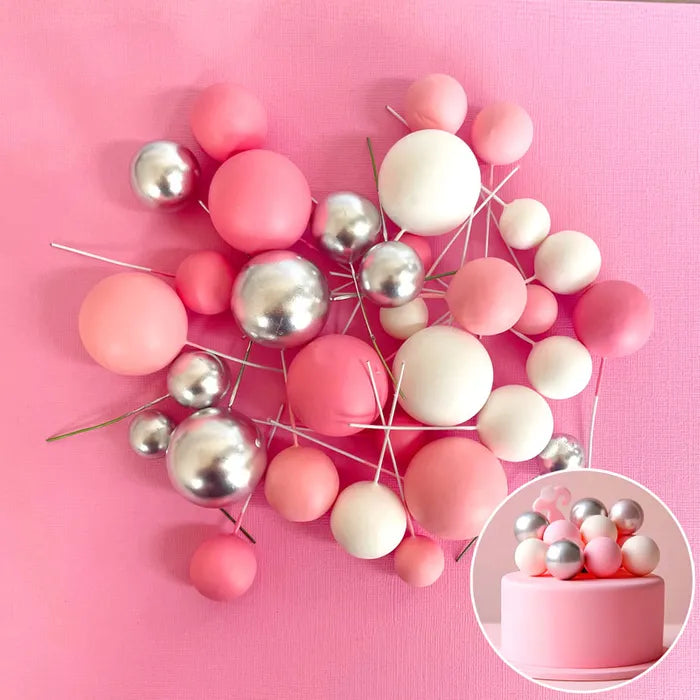 Foam Cake Ball Toppers 32pc - Silver, Pink and White