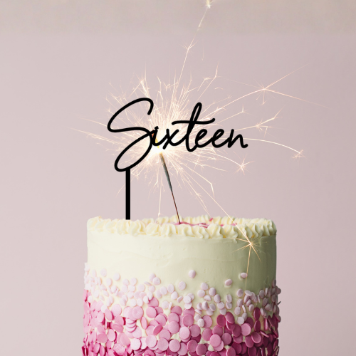 Sixteen number cake topper in black or gold acrylic