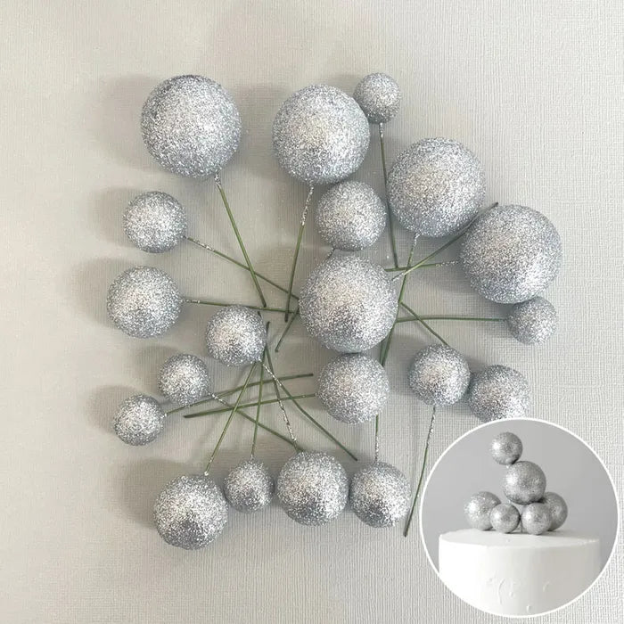 Foam Cake Ball Toppers 20pc - Glitter Silver