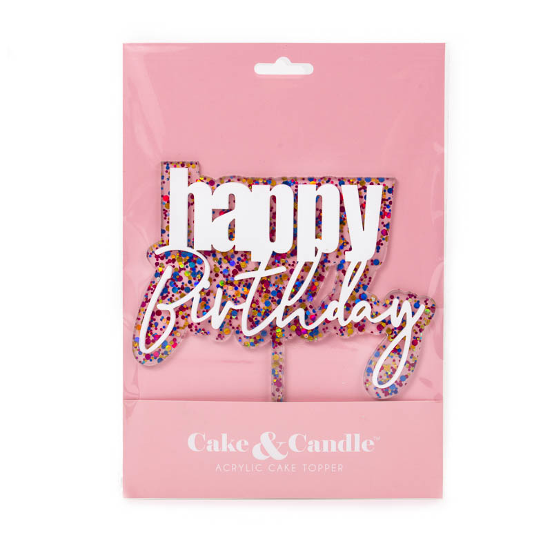 Cake & Candle Layered Cake Topper - Happy Birthday White-Glitter