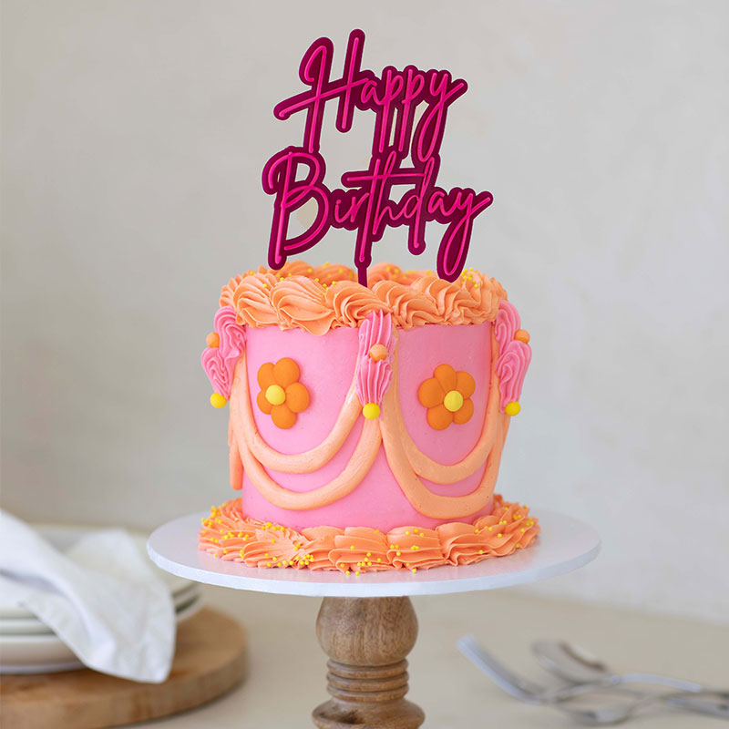Cake & Candle Layered Cake Topper - Happy Birthday Hot Pink-Pink