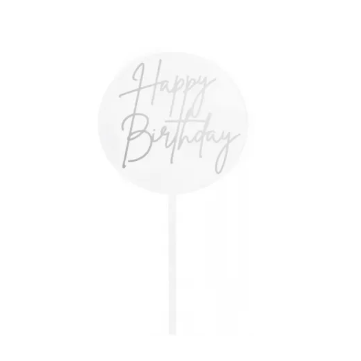 Go Bake Happy Birthday Cake Topper - Round Silver