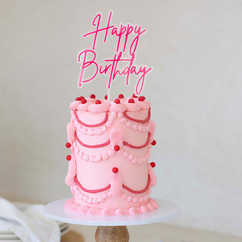 Cake & Candle Layered Cake Topper - Happy Birthday Pink-Matte Clear